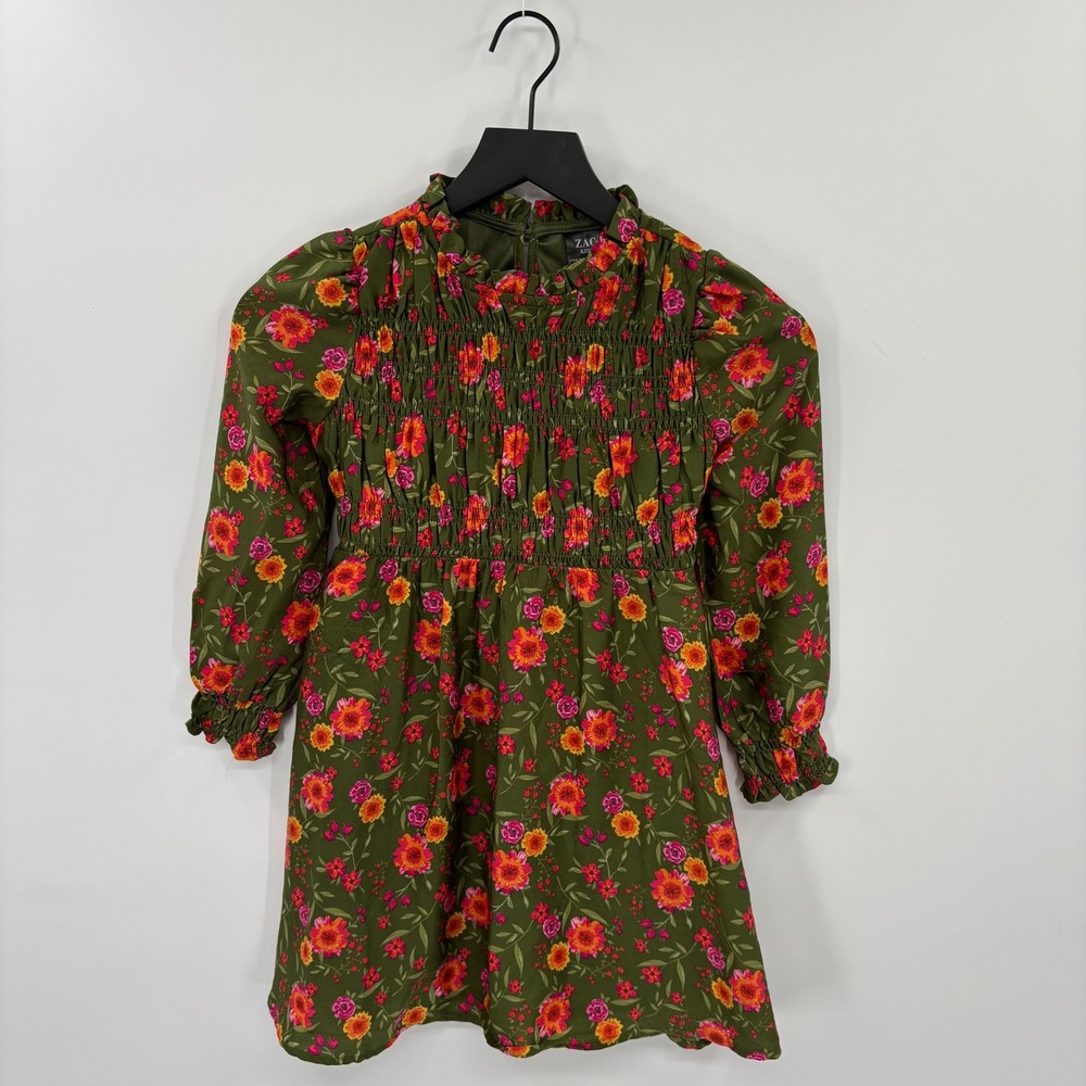 Zac Kids Floral Smocked Dress Girls Size 6-6X Olive Green Boho Cottage Prairie